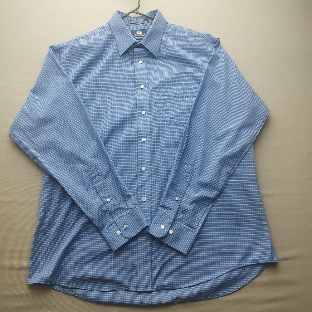 Stafford Wrinkle Free Men's Shirt Blue Check Button Up Long Sleeve 17 36/37